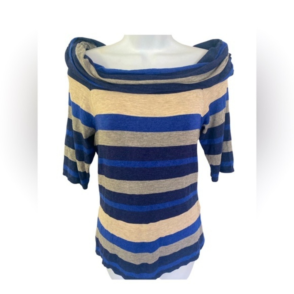 Max Studio Striped Top - S blue tan navy.  Rayon spandex , quarter sleeve